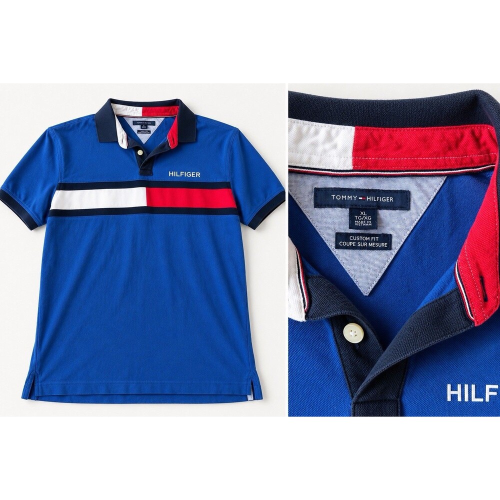 Tommy Hilfiger Men’s XL Custom Fit Polo Shirt Blue Red White Colorblock